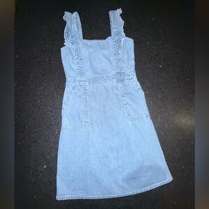 NEW JAPNA RUFFLE STRAP SOFT CHAMBRAY BLUE JEAN MINI DRESS POCKETS SMOCKED BACK M